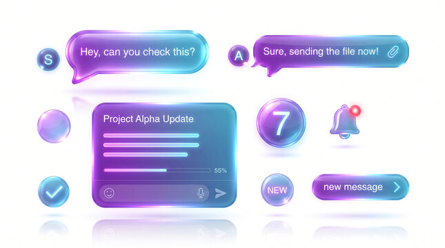 3D interface chat bubbles and notification icons for modern mobile messaging apps with UI elements digital communication 3D icons app design 3D icons