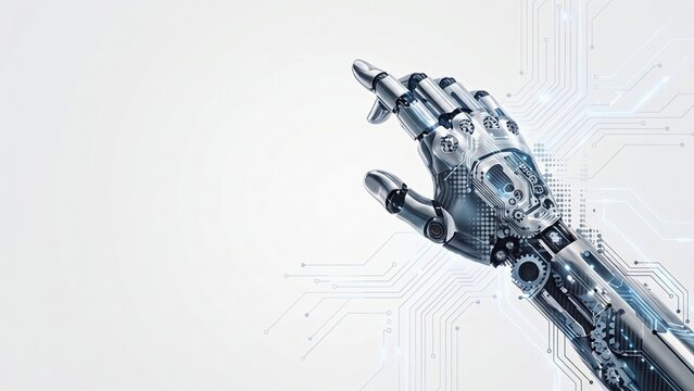 Mechanical robotic hand reaching upward against a circuit background representing AI and advanced robotics technology
