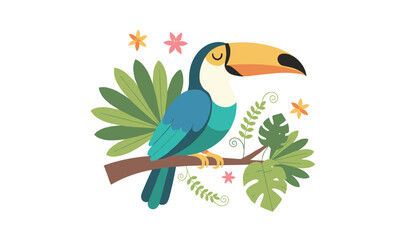 Fototapeta premium Beautiful tropical toucan bird perched on a branch surrounded by exotic jungle leaves and colorful flowers.
