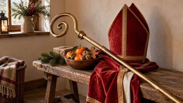 Saint Nicholas mitre and golden bishop staff on a table