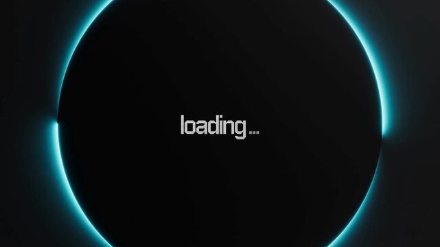 Futuristic Loading Screen Animation with Pixelated White Text and a Glowing Blue Circular Neon Ring on a Dark Background for User Interface and Video Game Design Concept