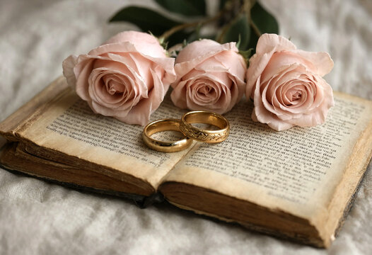 Elegant wedding rings placed on open book with pink roses