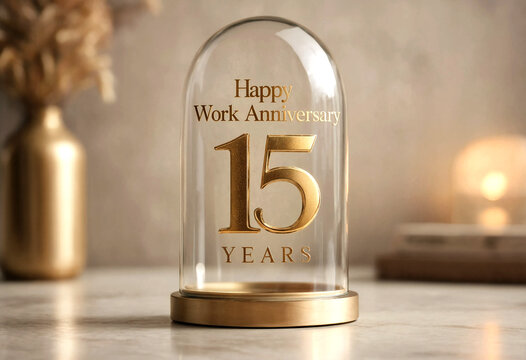 Fifteen Year Work Anniversary Glass Bell with Gold Lettering Display