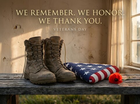 Combat military boots resting beside folded American flag and red poppy flower on rustic wooden bench by sunny window for Veterans Day memorial tribute