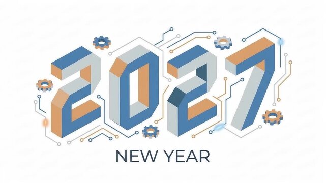 Isometric 2027 New Year design with digital circuit board elements and gears.