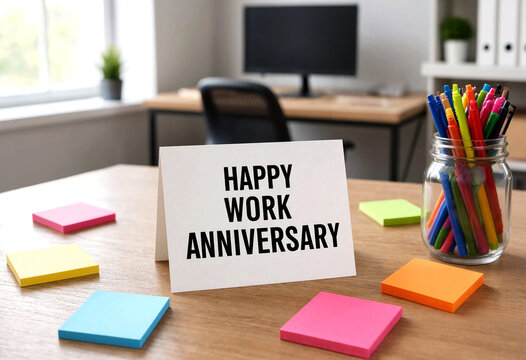 Happy work anniversary celebration with colorful sticky notes on office desk