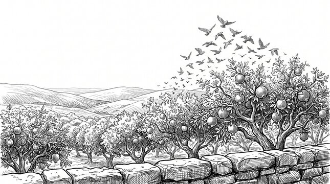 Line art ink banner illustration of pomegranate harvest scene with orchard and flying birds silhouette
