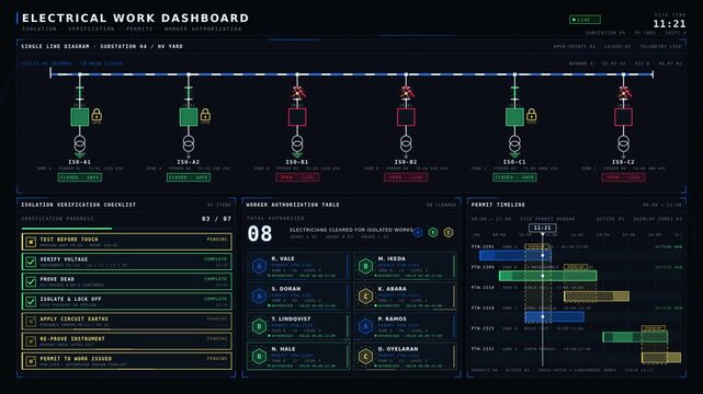 Electrical work dashboard showcasing isolation verification, permits management, and worker authorization with dynamic visuals and animated elements in a professional layout.