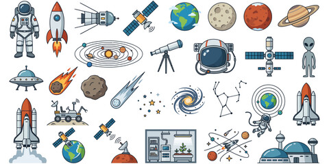 World Space Week featuring 30 unique space exploration elements including astronaut, rocket, spacecraft, satellite, planet Earth, Moon, Mars, Saturn. © Amena