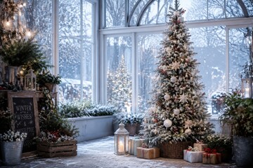 Obraz premium Snowy winter conservatory decorated with Christmas tree and gifts