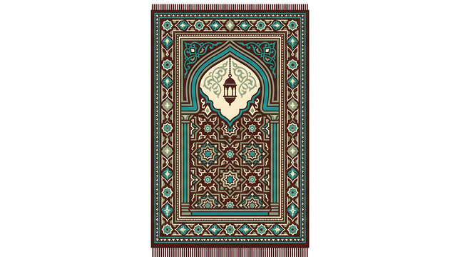 Traditional Islamic prayer rug with ornate geometric patterns, elegant teal and brown sajadah carpet, decorated prayer mat for worship and Ramadan design