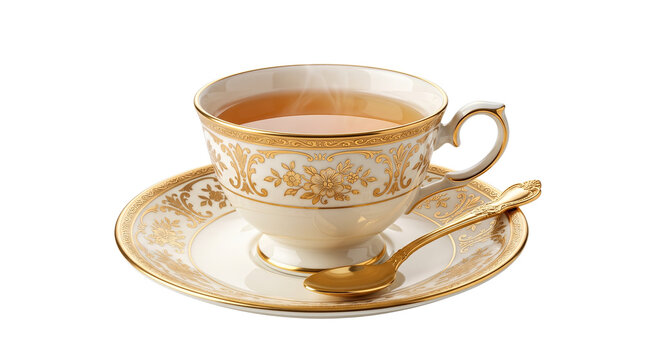 Vintage porcelain teacup with hot tea, elegant gold patterned teacup and saucer, antique china tea cup with golden spoon for traditional afternoon tea isolated PNG with Transparent Background