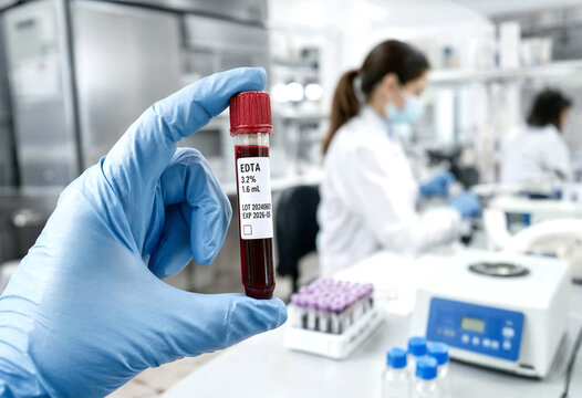 Medical laboratory technician holding blood collection tube with EDTA in professional science workspace