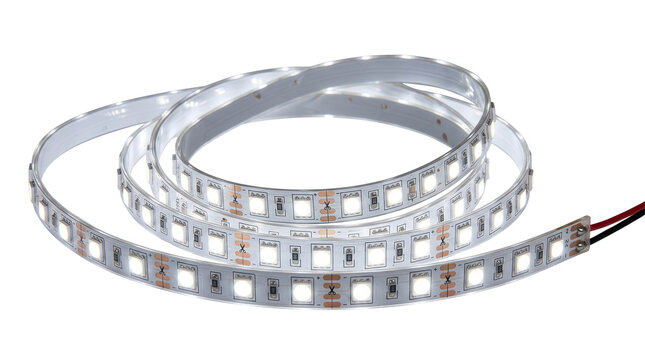 Flexible LED strip light coil for modern interior illumination, electronic diode ribbon tape for energy efficient decorative lighting solutions isolated PNG with Transparent Background
