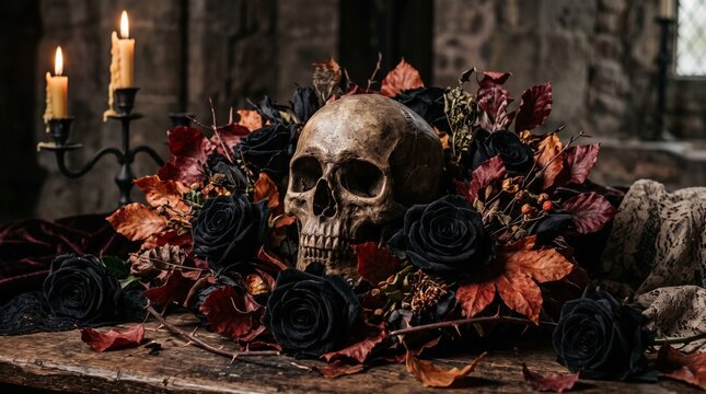 Human skull centered on a wooden table surrounded by autumn leaves and black