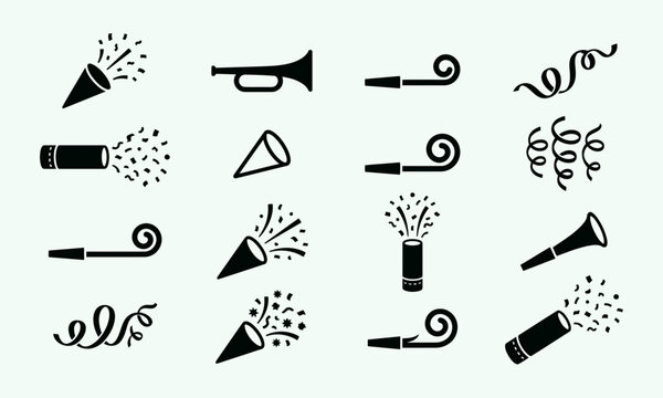 Party horn blowers confetti poppers and serpentine ribbons solid silhouette icons