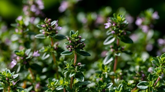 Close up of vibrant green thyme plants with delicate purple flowers in soft natural light