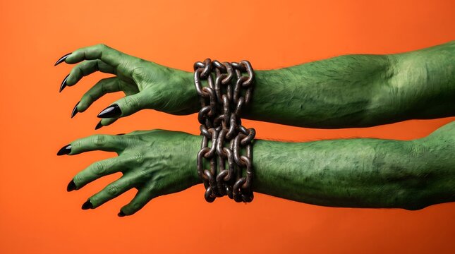 Green monster hands with long black nails bound together by heavy metal chains