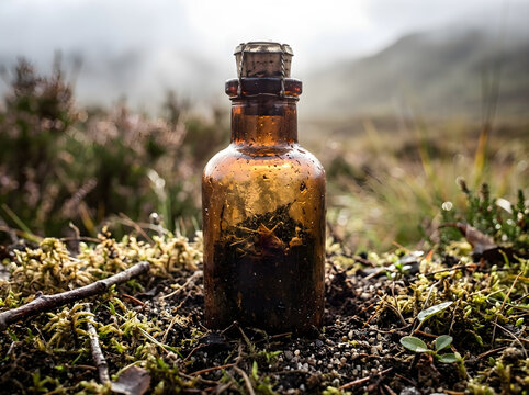 Abandoned amber glass bottle with metal cap in a natural outdoor setting.
