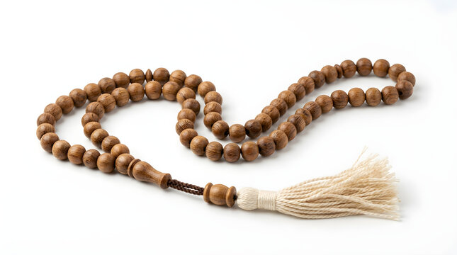 Wooden prayer beads with tassel isolated on white background, traditional Islamic misbaha for religious devotion, spiritual tasbih string