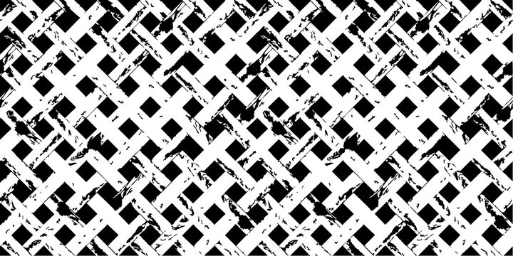 Seamless Black and White Grunge Lattice Pattern with Interlocking Diagonal Strips and Textured Distressed Details for Backgrounds.