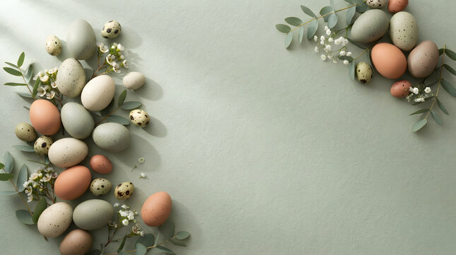 Pastel Colored Easter Eggs Arranged with Greenery on Soft Green Background