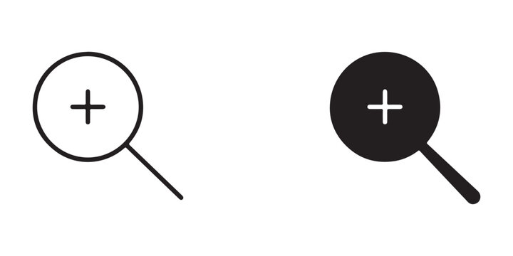 Magnifying glass icons with plus sign symbol in white and black color variations isolated on transparent background