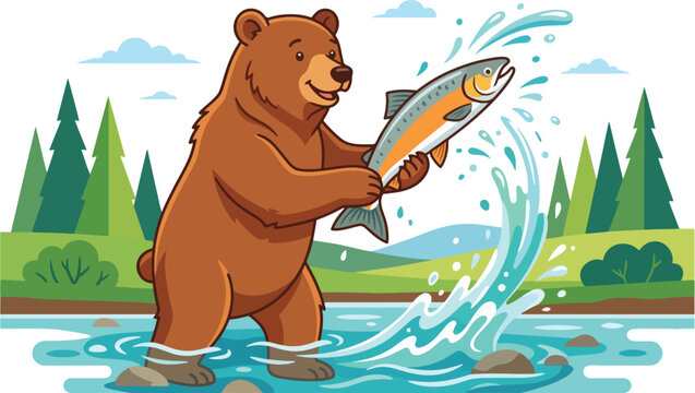 Friendly brown bear catching a fresh salmon in a serene river landscape surrounded by tall pine trees and natural wilderness scenery