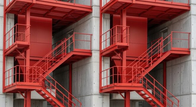 Red metal fire escape stairs on concrete building exterior