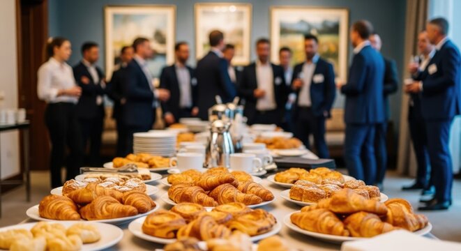 Business people networking around a buffet table with pastries