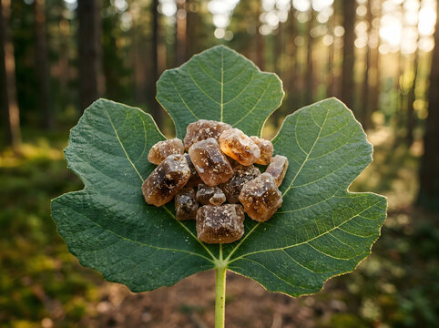 Fresh figs covered in morning dew resting on a large green leaf in a forest.