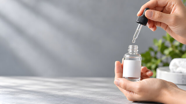 Woman applying facial serum with a dropper in a bright interior