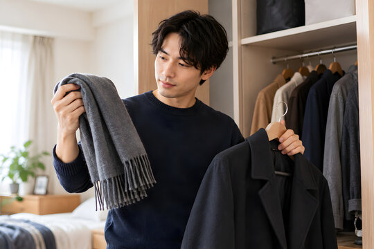 Man choosing between a scarf and jacket in a bright wardrobe