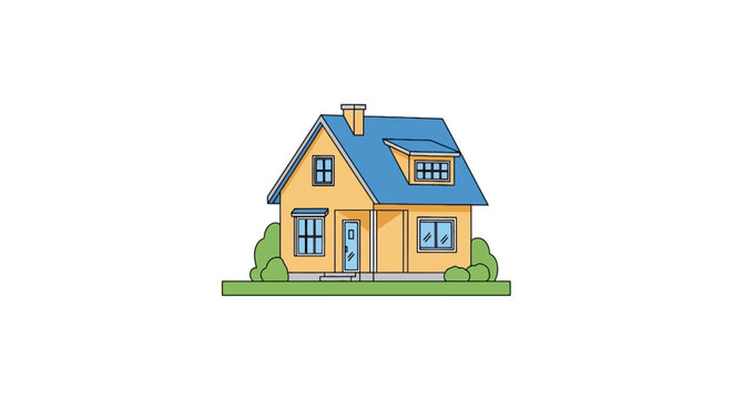 A yellow house with blue roof.