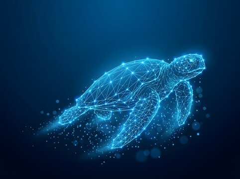 Blue digital wireframe sea turtle swimming in deep ocean