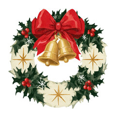 Obraz premium PNG Festive Christmas wreath with red bow, gold bells, holly, star ornaments