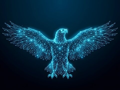 Digital eagle bird in blue glowing wireframe polygon style