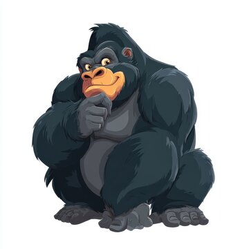 Pixel Art Illustration Of A Thoughtful Sitting Gorilla With Dark Fur On White Isolated Background