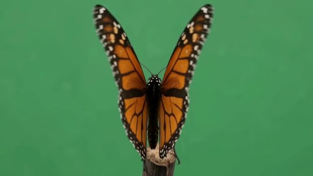 Vibrant monarch butterfly with open wings displaying its iconic orange and black patterns isolated on a green screen for easy compositing and design projects
