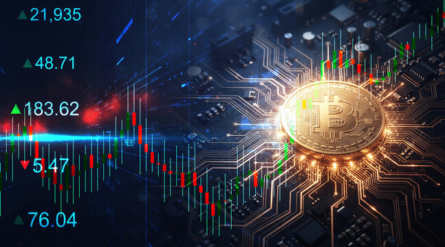 Futuristic bitcoin cryptocurrency coin glowing on a computer motherboard with financial stock market trading charts, growth data and numbers.