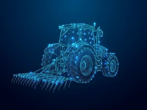 Digital tractor wireframe representing smart farming technology