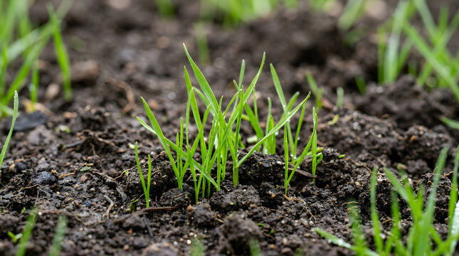 Young green grass sprouting from dark soil outdoors