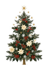 Obraz premium PNG Decorated Christmas tree with star ornaments, red berries, vintage style