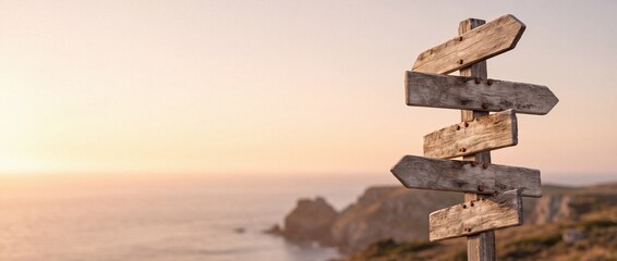 Obraz premium Blank wooden multi-directional signpost on a coastal cliff overlooking the ocean at sunset, symbolizing decision making, choices, travel directions, career paths, and future opportunities.
