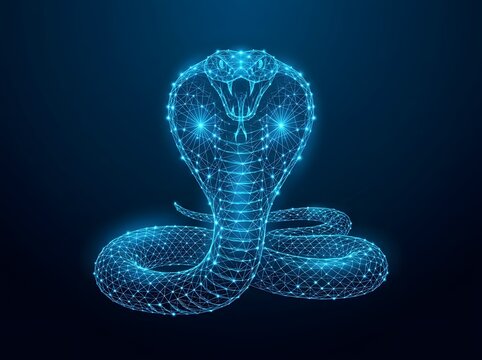 Glowing blue wireframe king cobra in a striking pose