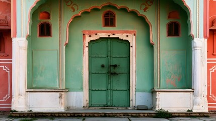 Fototapeta premium A weathered green double door set within an ornate arched doorway of a traditional Indian building with faded pastel walls