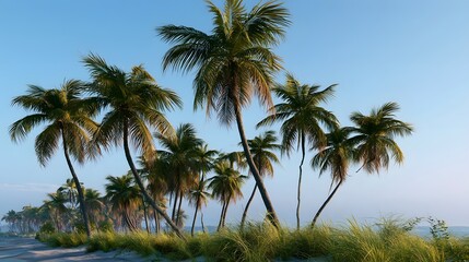 Fototapeta premium Tall palm trees sway gently in a clear blue sky above a sandy beach with tall grasses in the foreground