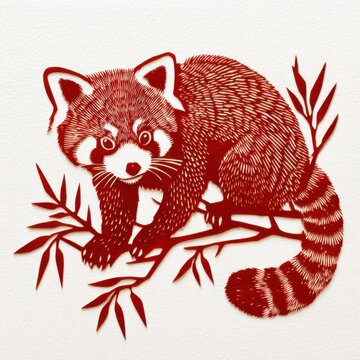 Red Paper Cutout Of A Red Panda Sitting On A Bamboo Branch With Intricate Detail Isolated On White
