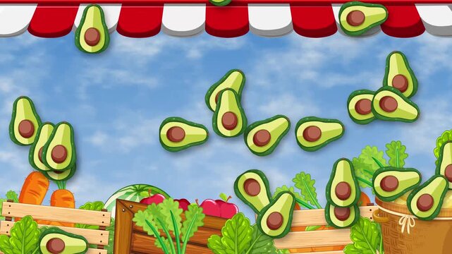 Cartoon Avocados Raining Down on a Farmers Market Fruit Stall Animation