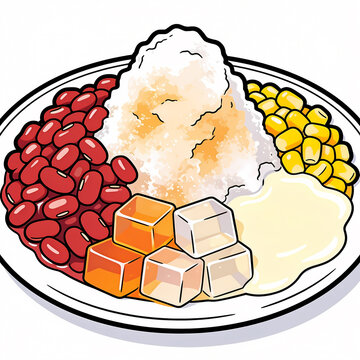 High-quality vector illustration of Indonesian Es Campur, a traditional refreshing shaved ice dessert served on a plate featuring red beans, sweet corn, jelly cubes, and condensed milk.
